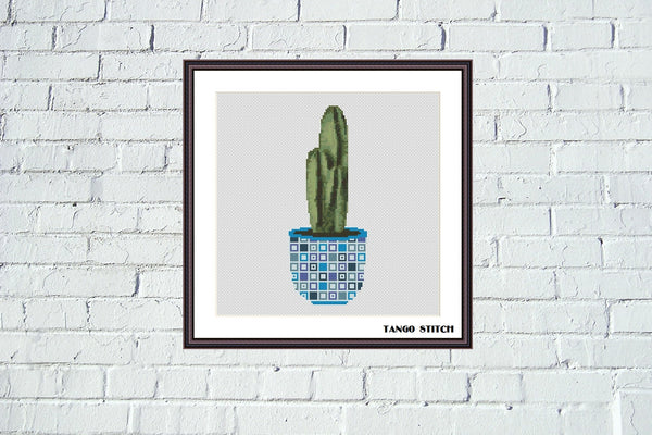 Cactus flower blue ornament pot easy cross stitch pattern