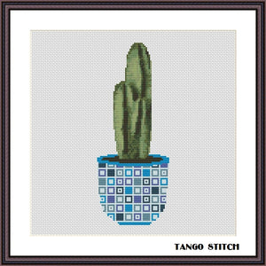 Cactus flower blue ornament pot easy cross stitch pattern