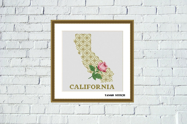 California USA state map rose ornament cross stitch pattern