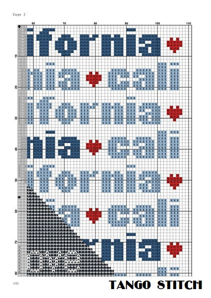 California state map typography cross stitch pattern - Tango Stitch