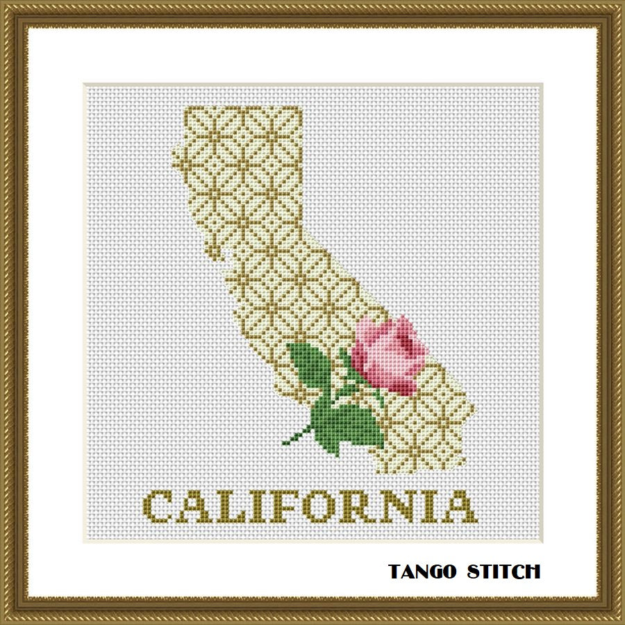 California USA state map rose ornament cross stitch pattern