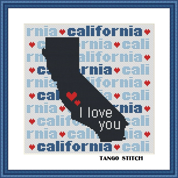 California state map typography cross stitch pattern
