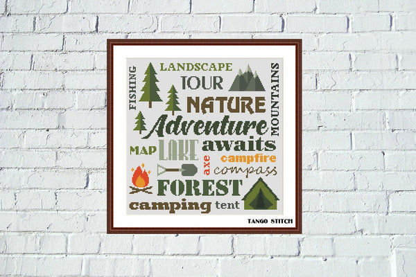 Camping lettering cross stitch pattern, Tango Stitch