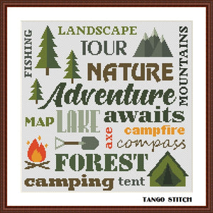 Camping lettering cross stitch pattern, Tango Stitch