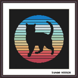 Cute black cat silhouette sunset cross stitch pattern - Tango Stitch