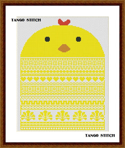 Chicken ornament yellow cross stitch embroidery - Tango Stitch