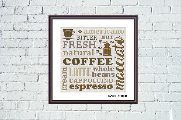 Coffee espresso cappuccino whole beans cross stitch pattern - Tango Stitch