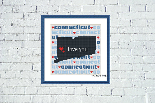 Connecticut state map typography cross stitch pattern - Tango Stitch