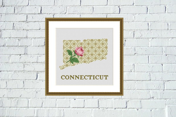 Connecticut map cross stitch pattern floral ornament embroidery - Tango Stitch