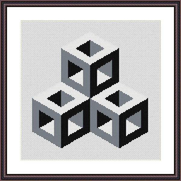 Cube cross stitch pattern Geometric black and white embroidery design - Tango Stitch