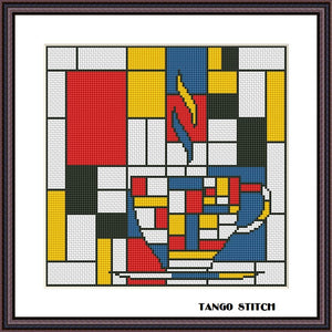 Abstract geometric cup Mondrian style cross stitch embroidery pattern
