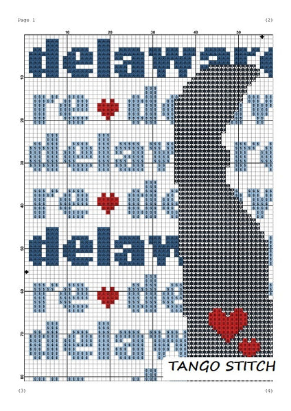 Delaware state map typography cross stitch pattern - Tango Stitch