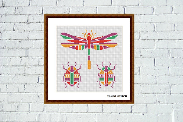 Dragonfly & beetles stained glass easy cross stitch pattern