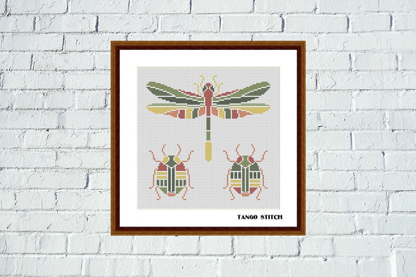 Dragonfly and two cute bugs cross stitch pattern