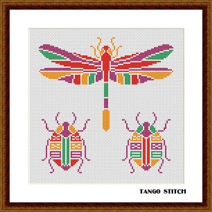 Dragonfly & beetles stained glass easy cross stitch pattern