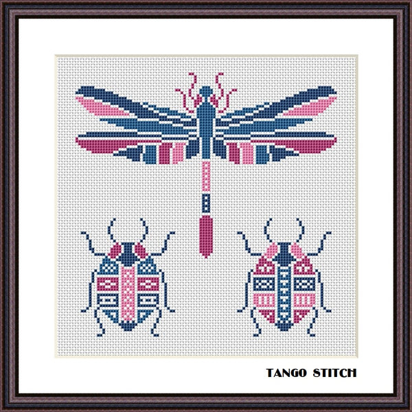 Dragonfly ornaments beetles stained glass cross stitch pattern, Tango Stitch