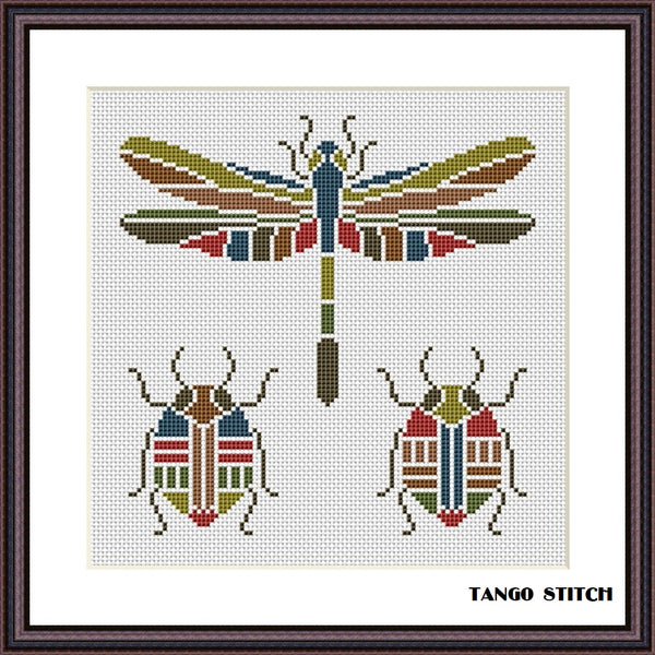Stained glass terracotta dragonfly cross stitch insects  - Tango Stitch