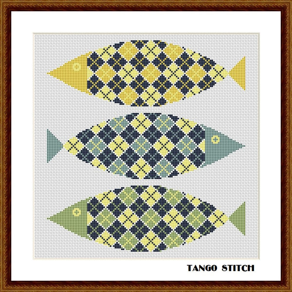 Tartan yellow fish cross stitch ornament pattern