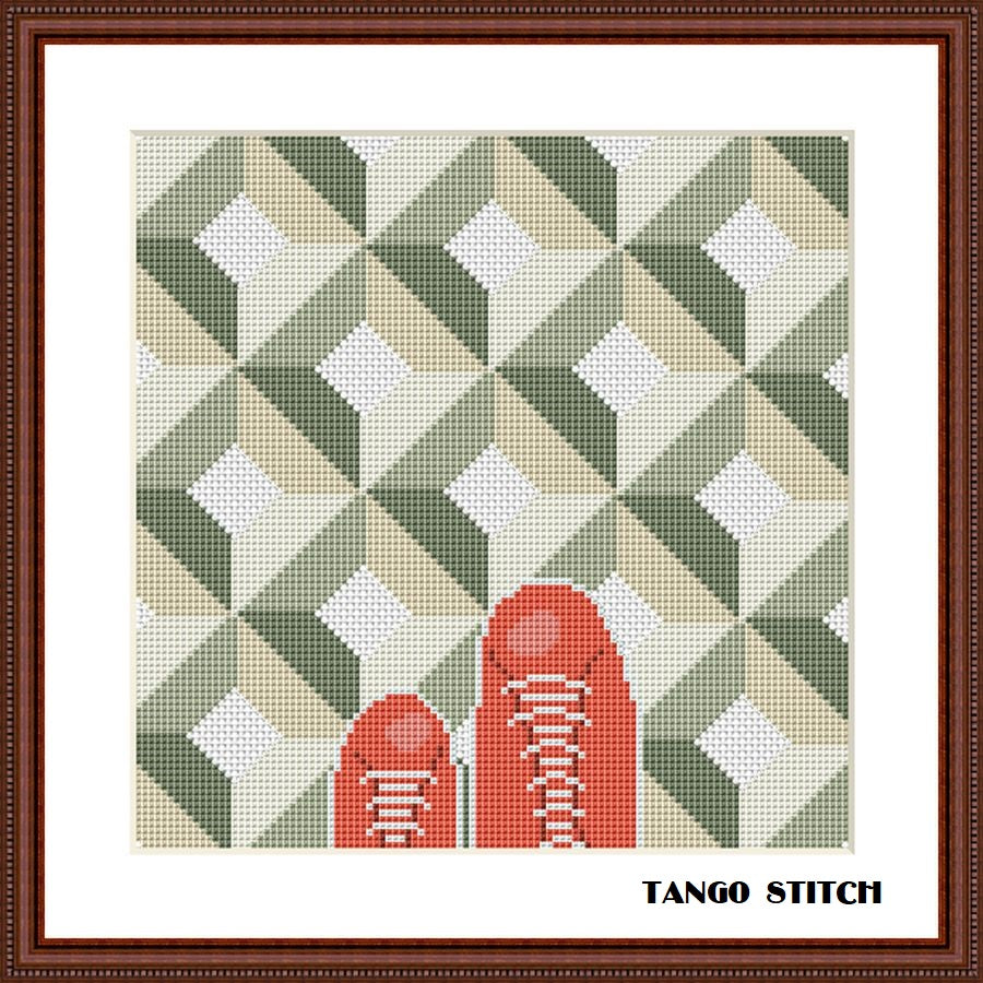 Floor tiles cross stitch ornament pattern ornament optical illusion embroidery design