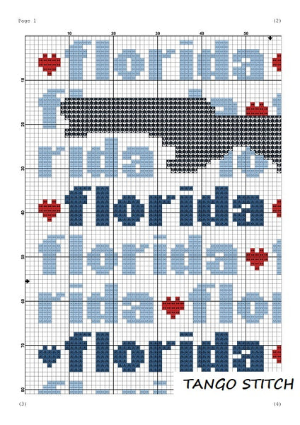 Florida state map typography cross stitch pattern  