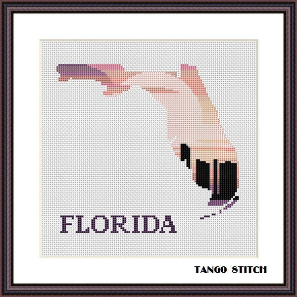 Florida state map skyline silhouette sunset cross stitch pattern - Tango Stitch