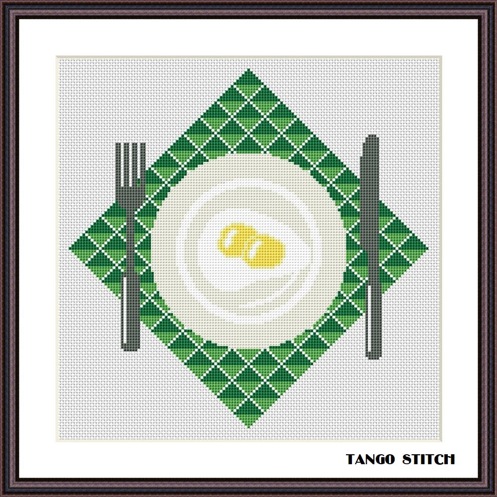 Fried eggs morning breakfast easy cross stitch pattern - Tango Stitch