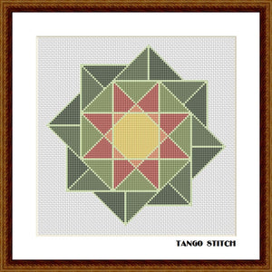 Sacred geometric cross stitch green pink ornament pattern