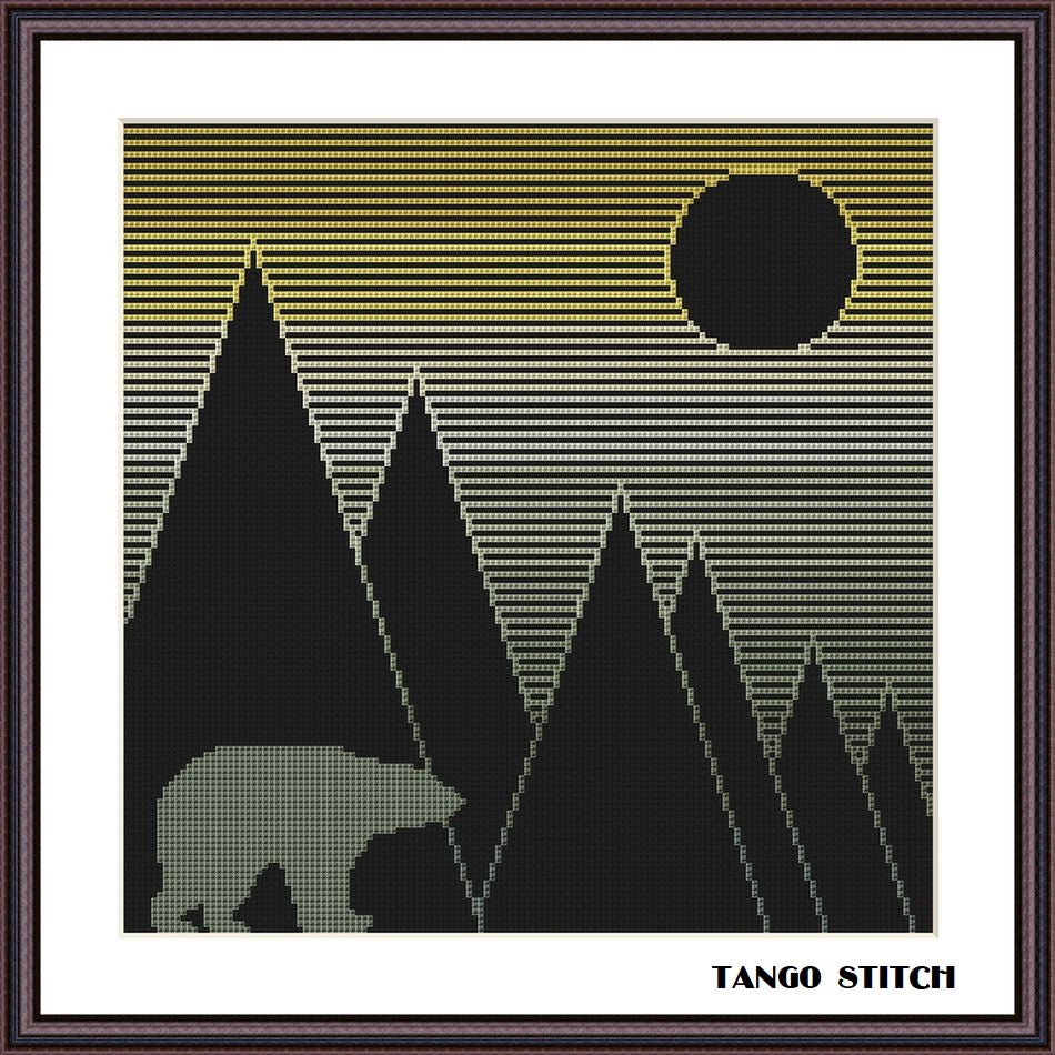 Geometric mountains and bear abstract cross stitch pattern - Tango Stitch