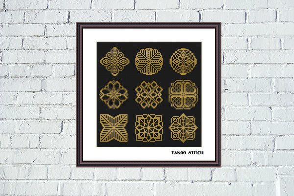 Gold cross stitch ornaments sampler embroidery - Tango Stitch