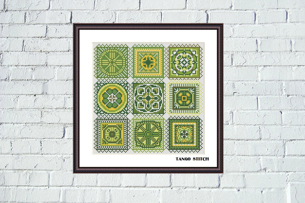 Green granny squares crochet motif cross stitch ornaments - Tango Stitch