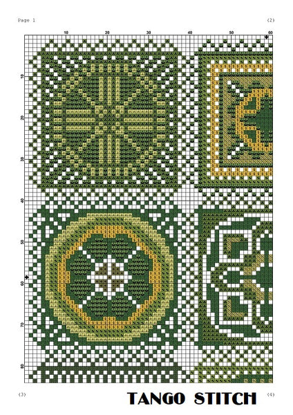 Green granny squares crochet motif cross stitch ornaments - Tango Stitch