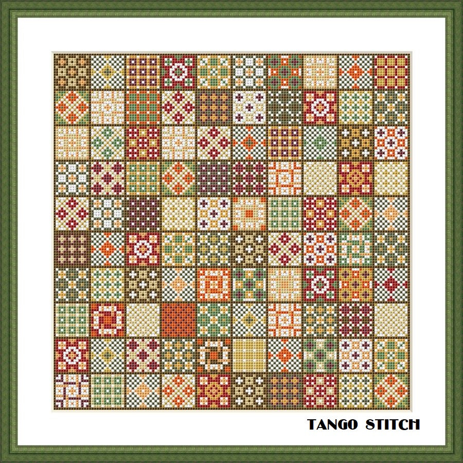 Granny squares green orange cross stitch ornament pattern