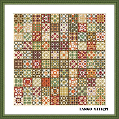 Granny squares green orange cross stitch ornament pattern