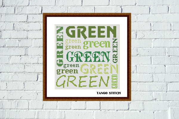 Green words typography lettering cross stitch embroidery - Tango Stitch