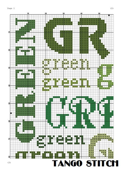 Green words typography lettering cross stitch embroidery - Tango Stitch
