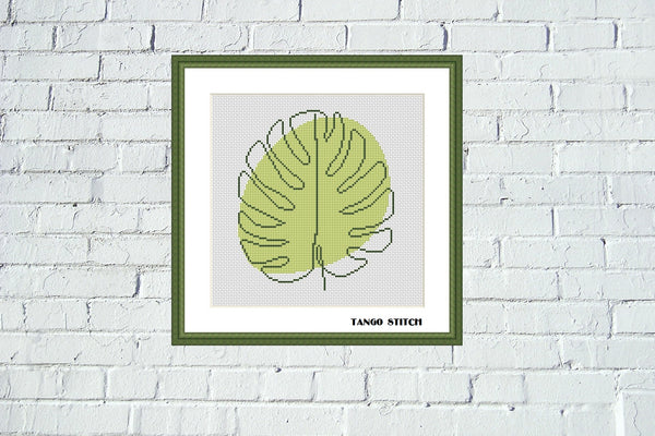 Abstract green monstera leaf cross stitch pattern