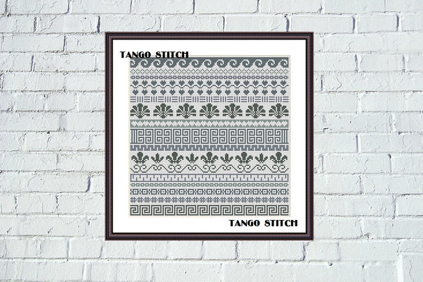 Monochrome grey cross stitch ornament sampler - Tango Stitch