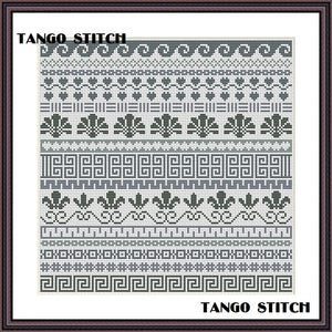 Monochrome grey cross stitch ornament sampler - Tango Stitch