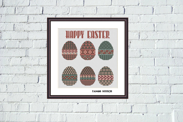Happy Easter ornament eggs cross stitch pattern simple embroidery design, Tango Stitch