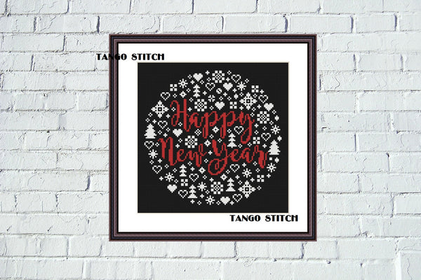 Happy New Year cute easy cross stitch hand embroidery pattern - Tango Stitch