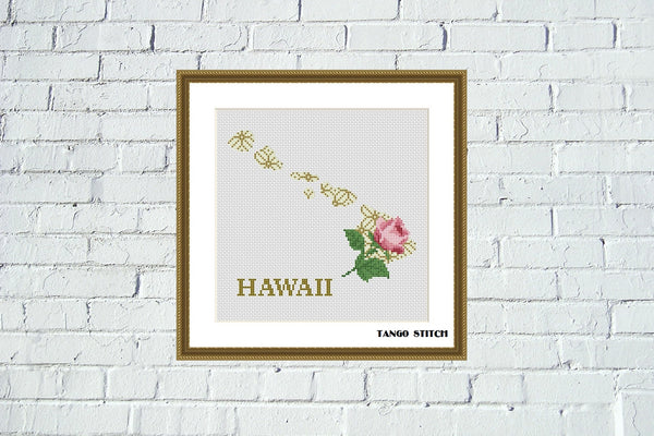 Hawaii USA state map rose silhouette cross stitch pattern