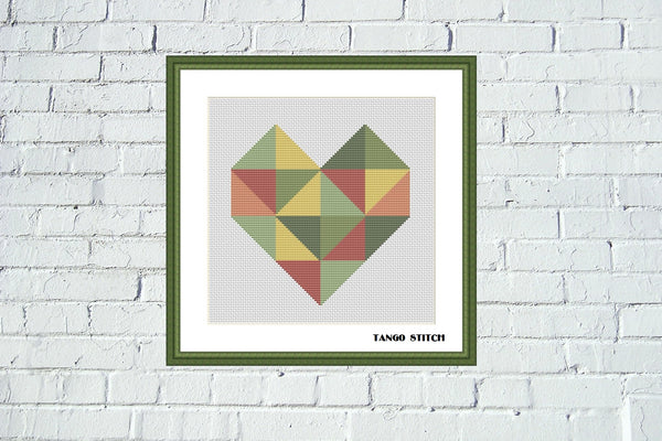 Green heart geometric triangles Valentine cross stitch pattern