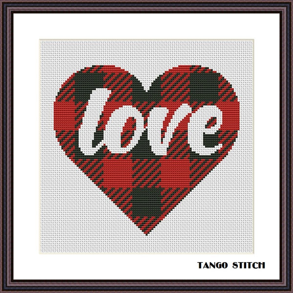 Love heart lumberjack plaid Valentines cross stitch pattern