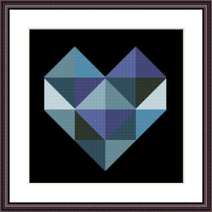 Blue heart geometric cross stitch pattern - Tango Stitch