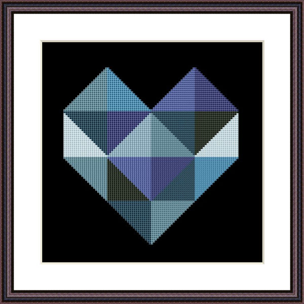 Blue heart geometric cross stitch pattern - Tango Stitch