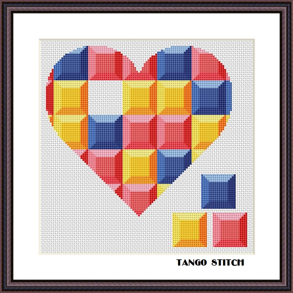 Block puzzle heart Valentines cross stitch embroidery pattern