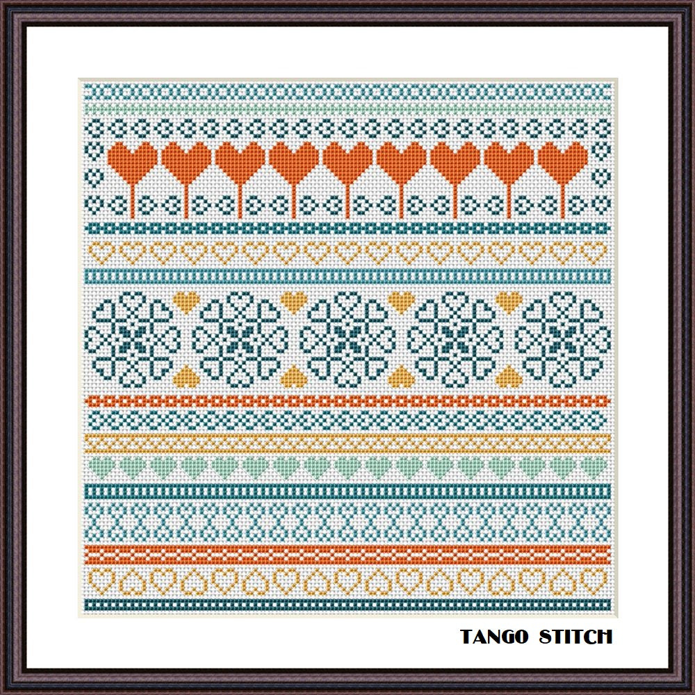 Orange blue hearts sampler cross stitch ornament pattern - Tango Stitch