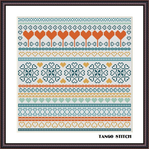 Orange blue hearts sampler cross stitch ornament pattern - Tango Stitch