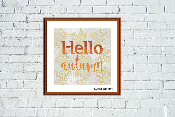 Hello autumn orange leaves typography cross stitch pattern, Tango Stitch