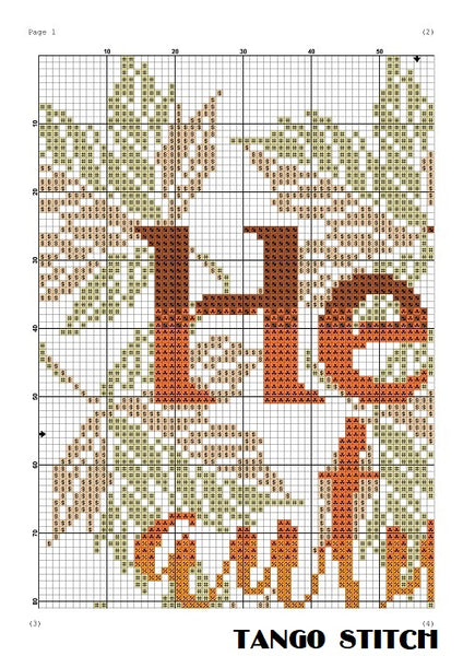 Hello autumn orange leaves typography cross stitch pattern, Tango Stitch